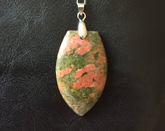 Large Unakite Pendant Necklace with 20 inch Sterling Silver Chain, Free Shipping