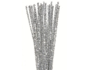35, 3mm, Silver Tinsel Stems, Pipe Cleaners, 12" Long