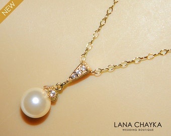Ivory Pearl Gold Bridal Necklace Single Pearl Gold Necklace Swarovski 8mm Small Pearl Gold Necklace Wedding Pearl Drop Necklace Bridal Pearl