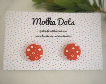Orange Earrings. White Dot Earrings. Polka Dot Pattern. Handmade Earrings. Fabric Covered Button Earrings. Stud Earrings. Clip On Earrings.