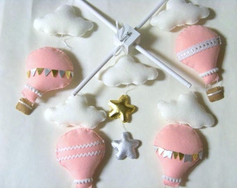 Pink hot air balloon baby mobile, metallic gold and silver mobile, baby mobile, pink nursery decor, nursery crib mobile, nursery decor, baby