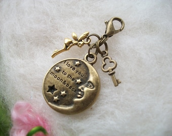 Zipper Charm Fairy Moon Love Zipper Pull, Zipper Gripper Personalize Stocking Stuffer, Antique Bronze Charms