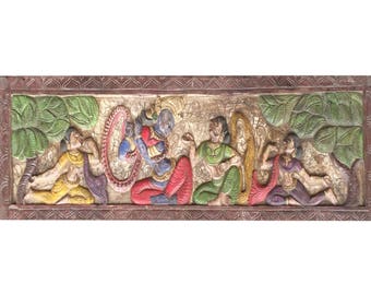 Antique Vintage Carved Krishna Radha Headboard Wall Sculpture, Yoga, mediation Altar Decor UNIQUE Handmade Artisan Crafted Conscious design