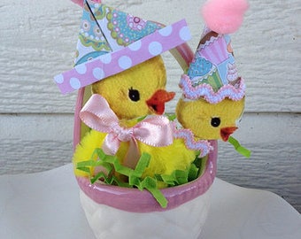 Easter Decoration Chenille Duck and Chick in an Easter Basket Easter Ornament