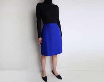 VINTAGE Skirt Cobalt Blue Skirt Wool Pencil Short Small