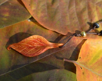 Handmade Red and Gold Clay Leaf Pendant Necklace