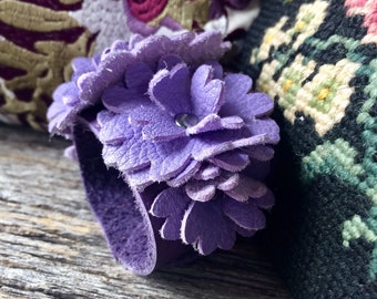 Leather Flower Cuff on Purple Leather with 6 Lavender Deerskin Blooms Size Small/Med (6.75") Wedding Prom Garden Party by Stacy Leigh