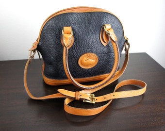 Vintage Dooney & Bourke Norfolk Satchel, Navy Pebbled All Weather Leather with British Tan Trim, Top Handle Purse, Round, Dome, 1990s 050021