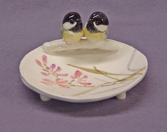 Handmade Ceramic Trinket Dish with Love Birds - Ring Holder, Jewelry Holder, Love Birds, Wedding Gift Anniversary Gift Romantic Art