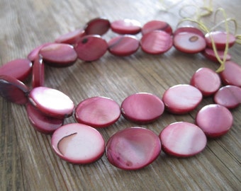 Flat oval shell beads in dusky pink, 15.5" strand of shimmering shell beads, pink mother of pearl beads, pink MOP beads, pink shell beads