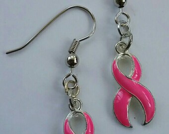 Breast Cancer Awareness Pink Ribbon Charm Earrings