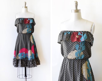 70s black floral dress, vintage strapless ruffled dress, 1970s disco dress, 80s mini dress, extra small xs