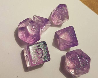 Set of 7 Polyhedral Resincast Dice - Glittery/Clear