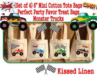 Monster Trucks Treat Favor Bags Cotton Totes Children Kids Guests Monster Trucks Favor Treat Gift Bags - Set of 4