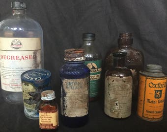 Assorted Bottles and Cans Bromoseltzer Carters Stanhome Panda Merrell Hinkles Oxford