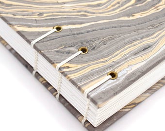 Unlined Journal - Lay Flat Journal - Gray and Gold - Marbled/Marbelized Paper - 160 pages - handbound by Ruth Bleakley