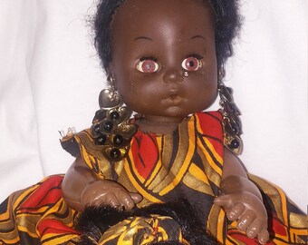 Antique African Mom and Daughter Dolls with Handwoven African Cloth