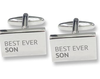 Engraved BEST EVER SON rectangle cufflinks, rhodium plated - BES8