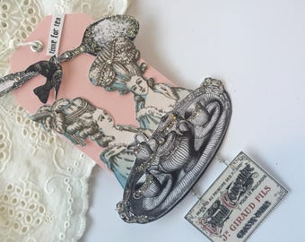 Marie Antoinette Gift, Vintage Tea Cup, Assemblage Paper Tag, Mixed Media Hang Tag, Dessert Art, Victorian Art Tag