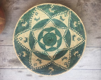Shallow Basket Coiled Basket Beige Green Decor Bohemian Decor Southwestern Decor Woven Basket Wall Decor, Wall Basket Weaving Jungalo Style