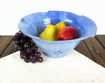Blue ceramic fruit bowl, pottery colander