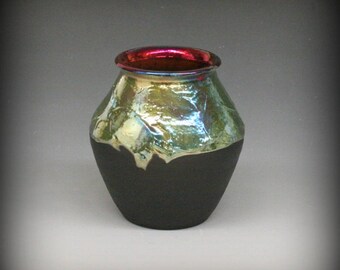 Raku Pot with Iridescent Gold Blue Colors