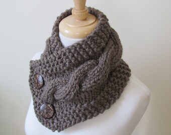 Knit Neck Warmer, Cable Knit Scarf, Chunky Warm Winter Scarf in Taupe 6" x 25" Coconut Shell Buttons Ready to Ship - Gift for Her