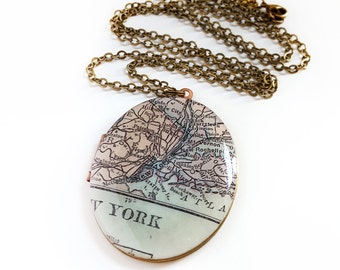 New York Map Necklace on a Large Brass Locket, Oval Locket, NYC, Vintage Map, Gift for Her, Ready to Ship