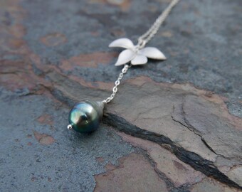 Silver Orchid Aqua Blue Tahitian Pearl Necklace