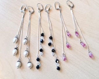 Very long and thin silver earrings with Swarovski crystal or freshwater pearls