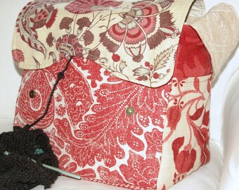 Red and Tan Linen , Knitting Bag, Snag-Free, Zipper-less, Yarn Dispenser, Pro-knitter bag, yarn storage, crocheting tote, Knit-on-the go bag