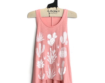 Large- Peach Scoop Neck Slub Festival Tank Large Armholes with Cactus Screen Print