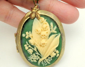 Large Resin Cameo Locket, Lilies of the Valley, Ivory and Green, Adjustable Ribbon Cord, Antiqued Gold Tone Locket, Hand Crafted