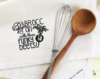 Brocc on with those funky beets vegan organic cotton kitchen dish towel. Silk screened cotton tea towel.