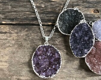 Druzy Necklace, Large Druzy Necklace, Sterling Silver Necklace, Druzy Jewelry, Drusy Necklace, Gemstone Necklace, Agate Necklace