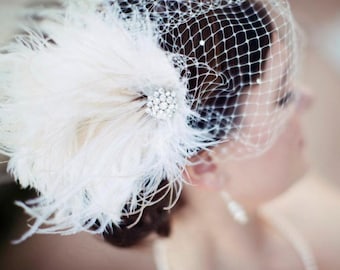 Bridal Feather Fascinator, Bridal Fascinator, Bridal Headpiece, Bridal Hair Accessories, Bridal Veil