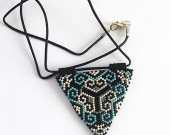 Reversible Beaded Triangle Pendant - Blue/Lt. Peach/Black Scrollwork