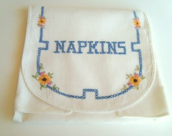 Vintage ivory linen embroidered napkin holder
