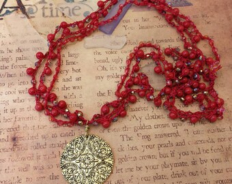 Earthy, bohemian chic multi-strand long necklace. Hand crochet with gemstones and faceted beads - red & gold
