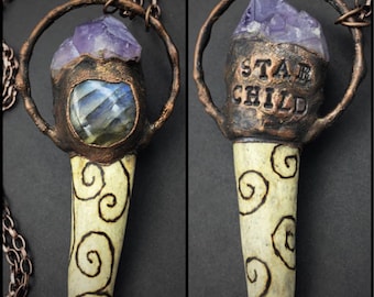 Electroformed Antler | Bone Necklace | Amethyst Cluster | Labradorite