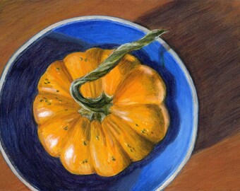 Original Acrylic Painting - Small Still Life Painting with Orange Gourd in Blue Bowl