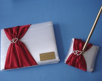 Personalized Wedding Guest Book and Pen Set in White and Red with Linked Hearts and Engraving