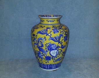 Asian Vase - Hand Painted - Cobalt Blue and Yellow