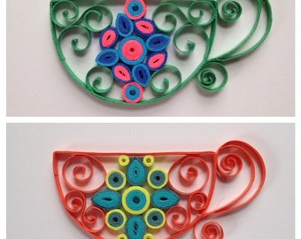 Handmade, (2) Quilled Paper Tea Cup Magnets