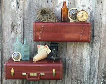Pair of Wall Shelves Made from Vintage 1950s Era Brown Samsonite Suitcase Luggage Shelf Repurposed Suitcase Shelves