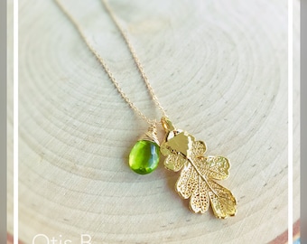 Real leaf necklace with natural gemstone, birthstone necklace, sterling or gold dipped leaf, sterling silver, autumn fall wedding