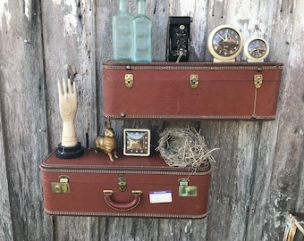 Pair of Wall Shelves Made From a HORN Camel Brown Suitcase Shelves Luggage Repurposed Travel Inspired