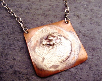 Mixed metal necklace - reticulated silver necklace - copper square necklace - copper square pendant - square copper pendant - gift for her