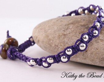 Macrame Bracelet -Purple with Sterling Silver Beads with Lampwork Macrame Bracelet - KTBL