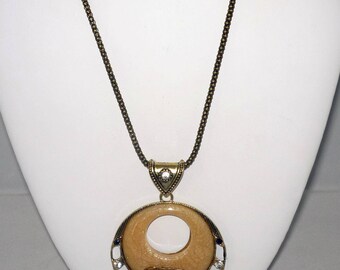 Vintage Look Bronze and Golden Blush Pendant w Bronze Greyhound, Crystals, Bronze Necklace